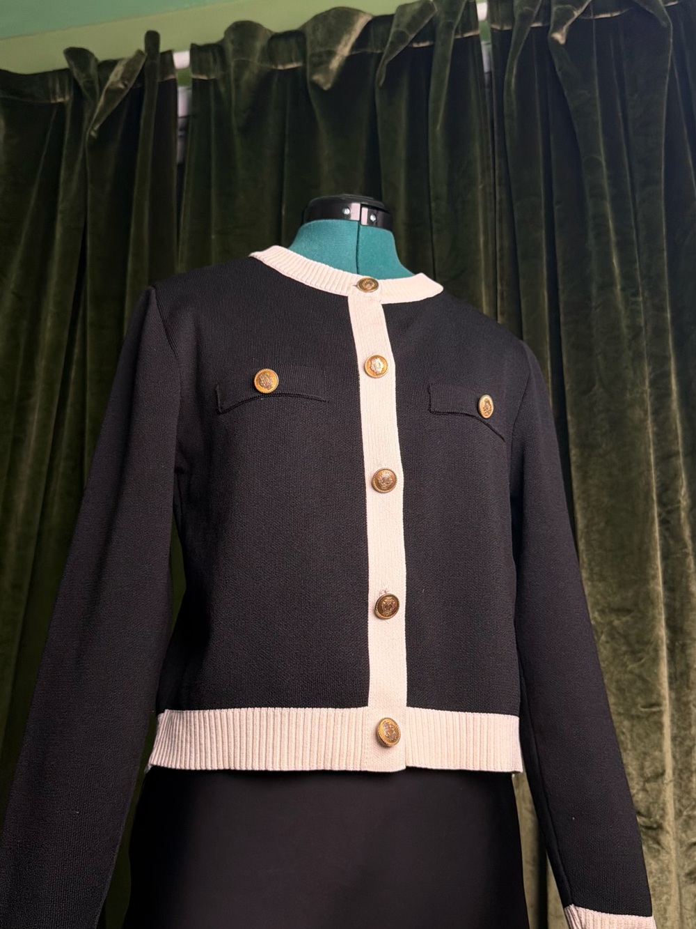 Zara Black Jacket with Cream Trim and Gold Buttons. Coco Chanel style!
